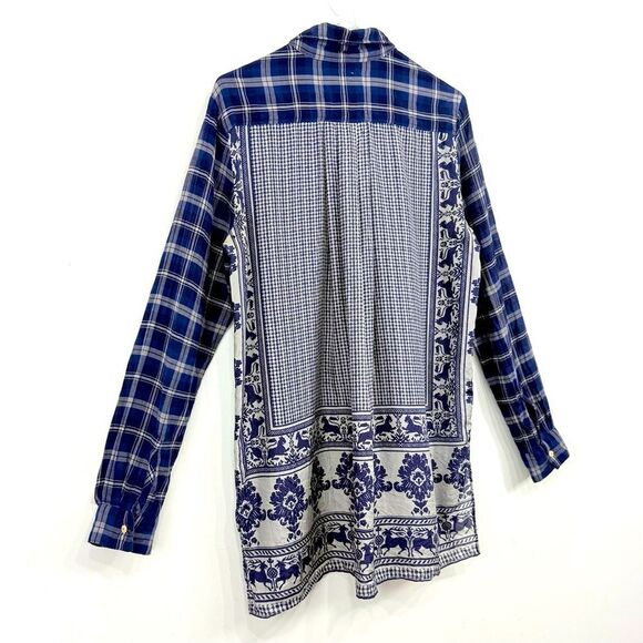 Johnny Was LANA Blue Gray Plaid Gingham Medallion Scarf Back Button Up Shirt - Picture 9 of 16